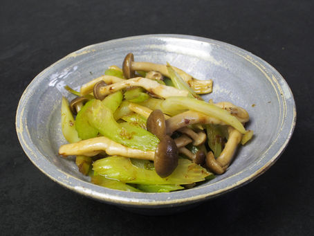 Pan fried Celery & Shimeji with Bonito flakes.