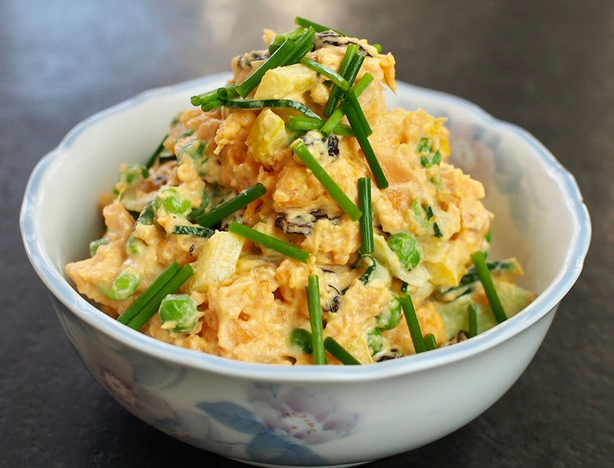 Japanese sweet potato salad with spring onion and chives by kurumicooks tasty easy healthy Japanese Asian and Fusion cooking and food for your kitchen
