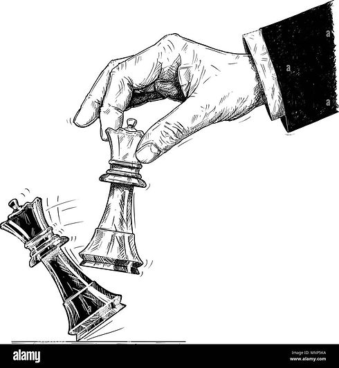 Vector Artistic Drawing Illustration of Hand Holding Chess King and Knocking Down Checkmat