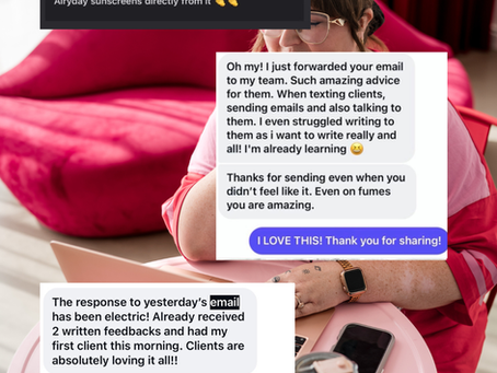 Woman sits at a pink table with laptop and phone as chat screenshots show email marketing praise and sales success.