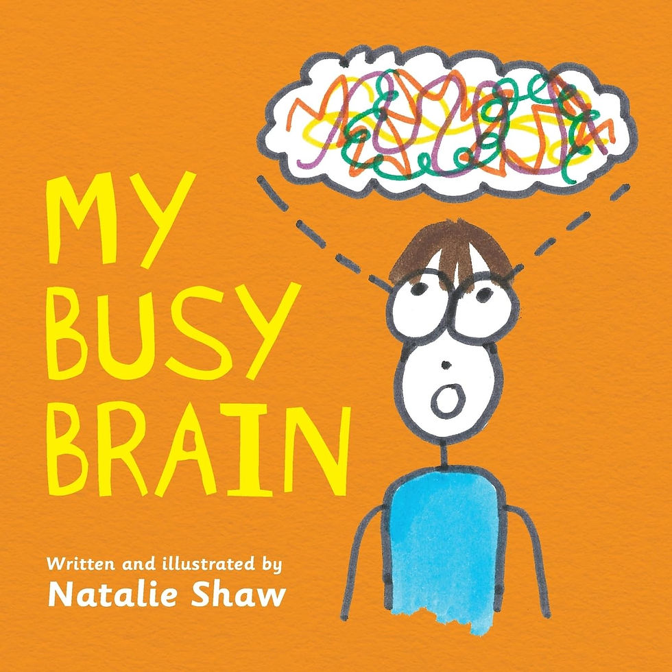 Childlike drawing of a person with a scribbled thought bubble above. Text: "MY BUSY BRAIN" on an orange background.
