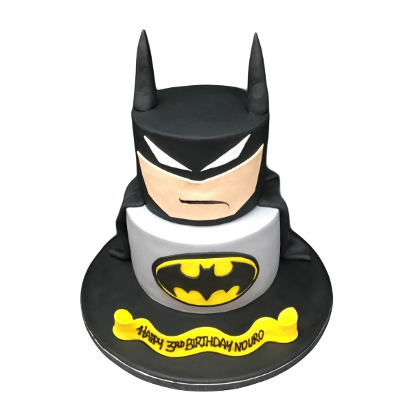 Dark and striking Batman-themed cake with a comic book-inspired design, perfect for superhero fans. Ideal for birthdays or special occasions.