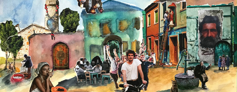 Vyhřáté malé náměstíčko, kostel, barevná domovní průčelí, studna a macešky. Bělovlasý muž stojí na žebříku, tatíci ze sousedství popíjejí odpolední sladký čaj, od vody se vrátil rybář.