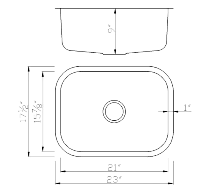 Small Horizontal Oval Stainless Kitchen Sink - Dimensions (2318)