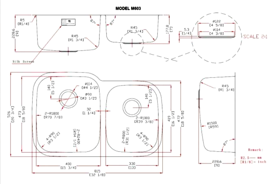 Uneven Double Bowl Kitchen Sink - Dimensions (M603)