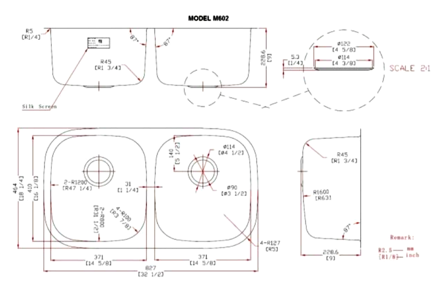 Equal Double Bowl Kitchen Sink - Dimensions (M602)