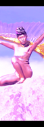 POW with large gold wings posing on a rock with clouds in the background