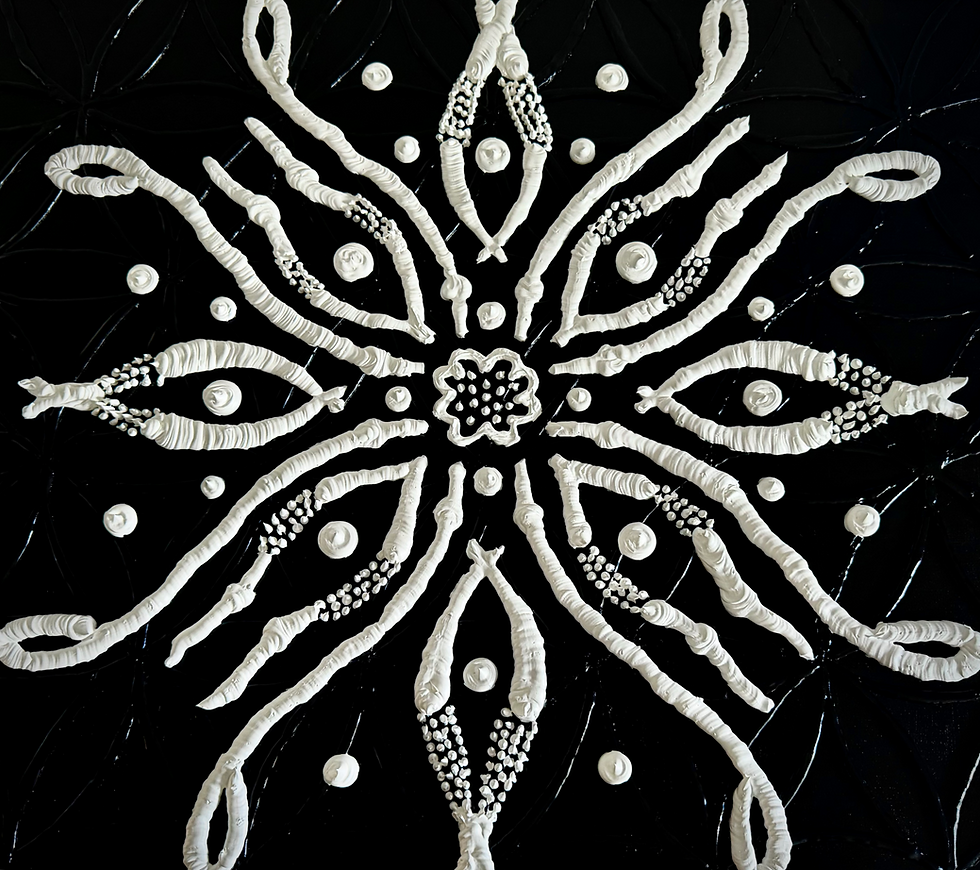 Intricate white embroidered mandala pattern on black fabric