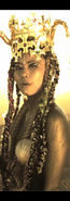 POW in gold body paint wearing a golden crown and gold outfit in a desert landscape at magic hour