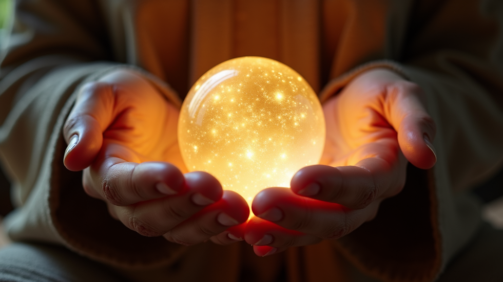 Close-up view of hands holding a glowing crystal ball during a spiritual session