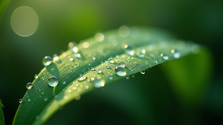 Close-up view of a vibrant green leaf with dew drops