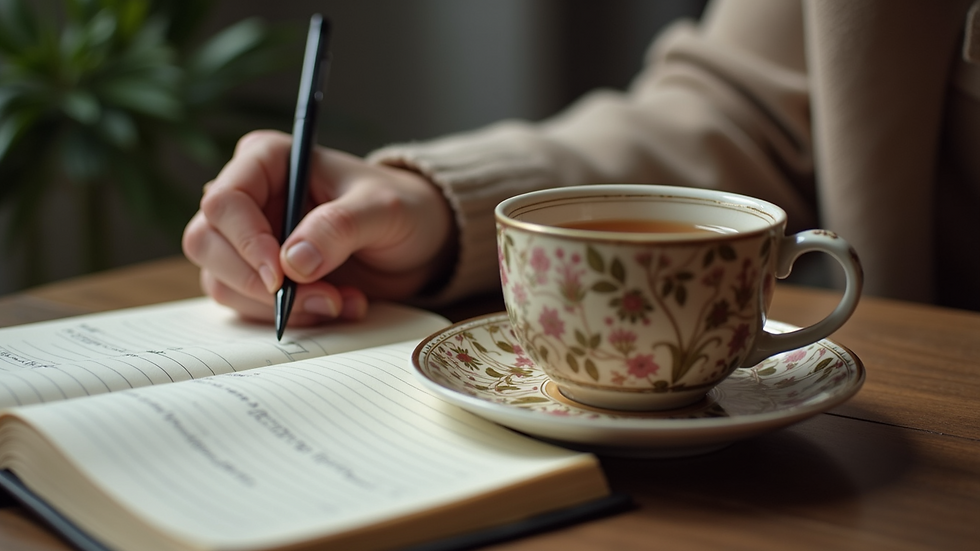 Close-up view of a person writing in a journal with a cup of tea
