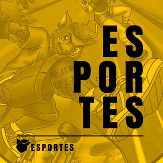 Imagem de um gato com corpo humano fazendo uma manobra com skate, com escrito "Esportes" sobrepondo a imagem.