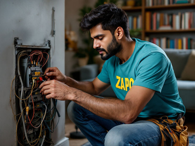 _Generate a indian electrician with zapo tshirt wearing teal blue tshirt with yellow font 