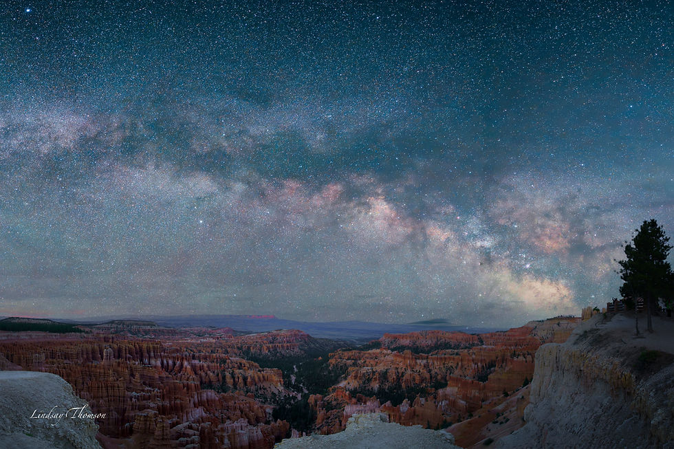 Here is a cropped version of a panorama I shot of the Milky Way arching above Bryce Canyon. It was a perfect night. The skies were clear of clouds, no rain or wind. The national parks are a favorite location for astrophotographers as there is very little light pollution.