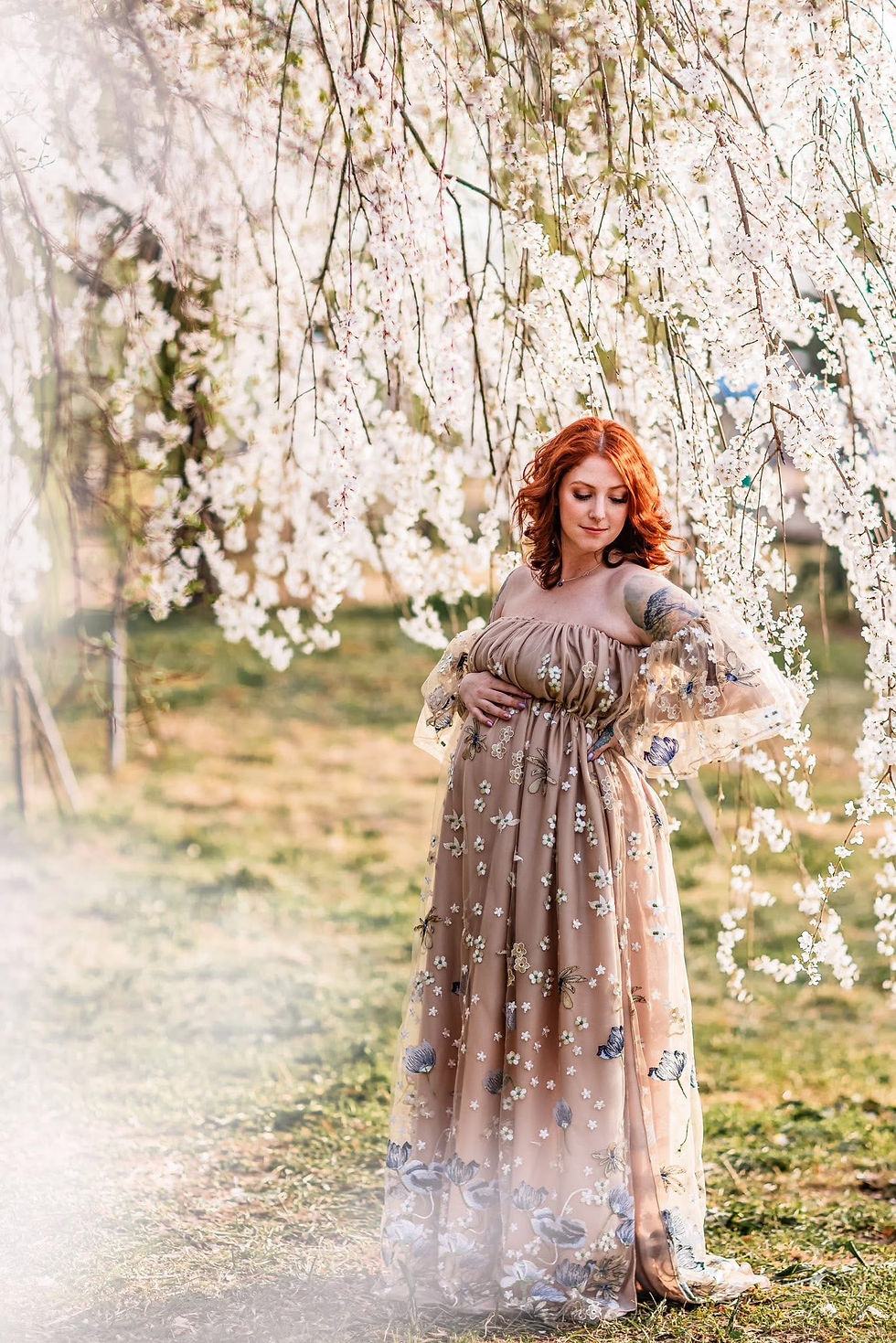 Thumbnail: Poppy Beige Blue embroidered tulle boho dress