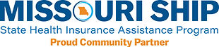 The Misssouri State Health Insurance Assistance Program Logo.  It has "Missouri SHIP" in blue block letters with an orange graphical image of the state of Missouri inside the letter "O".