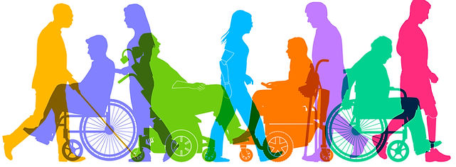 Silhouette images of disabled individuals, overlapped, traveling in opposite directions with each silhouette in a different transparent, vibtant color.