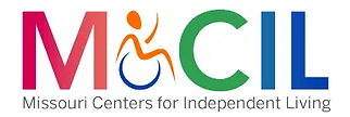 A graphical logo for the Missouri Centers for Independent Living.  The letters "M-O-C-I-L" are in different colors with the letter "o" behing made up of the wheel of a wheelchair with a curved orange figure made of the head, arms, body and leg of seated in the wheelchair.