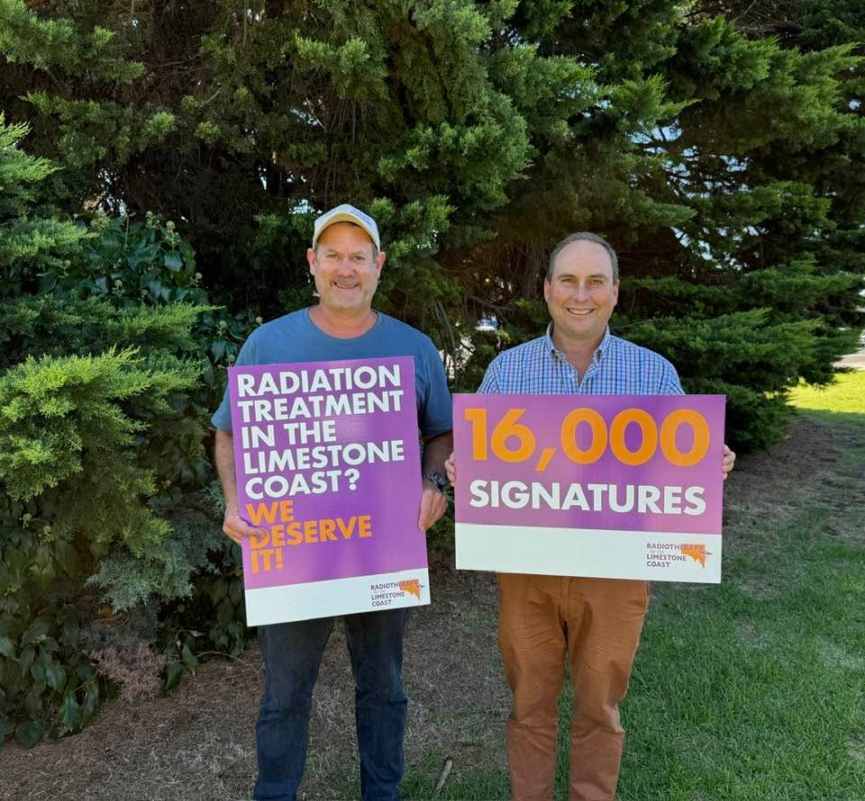 Member for Mount Gambier Travis Fatchen (left), and Chair of the Limestone Coast Radiotherapy Working Group Lachlan Haynes (right). IMAGE: Facebook.