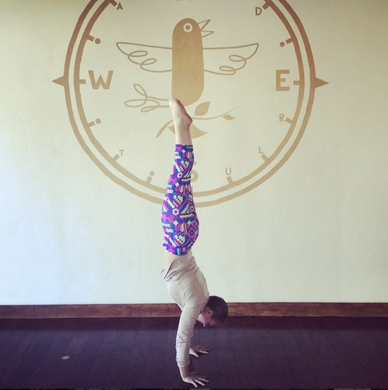 Co-Founder Liza Laird in her favorite position when not knitting is upside down.