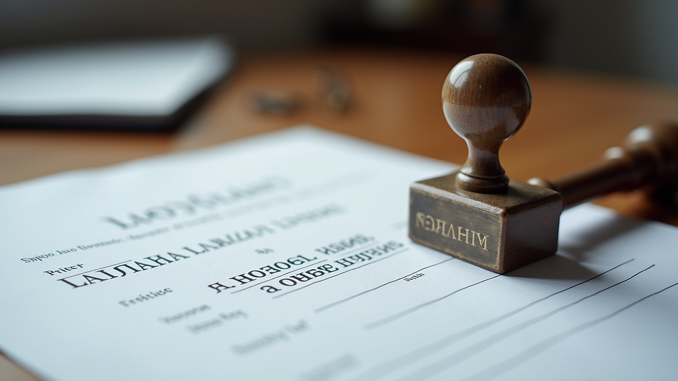 Close-up view of a notary stamp and document on a desk