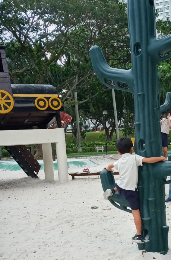 男の子が砂浜の遊び場で緑色のサボテン型クライムに登る。背景には木々と海賊船の遊具が見える。公園の楽しげな雰囲気。