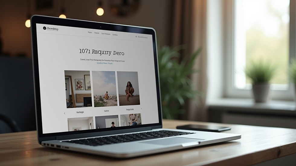 Close-up view of a laptop screen displaying a clean photography portfolio website