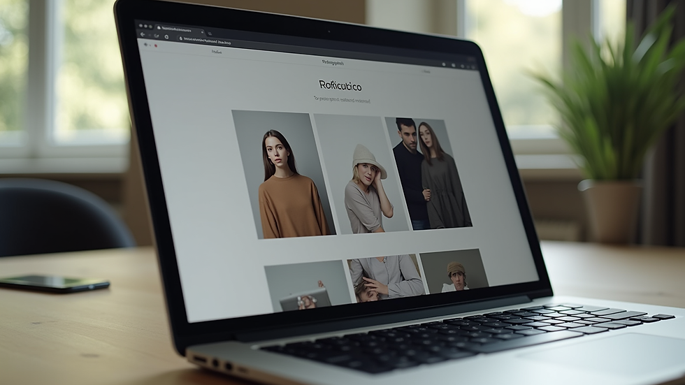 Close-up view of a laptop screen displaying a modern photography portfolio website