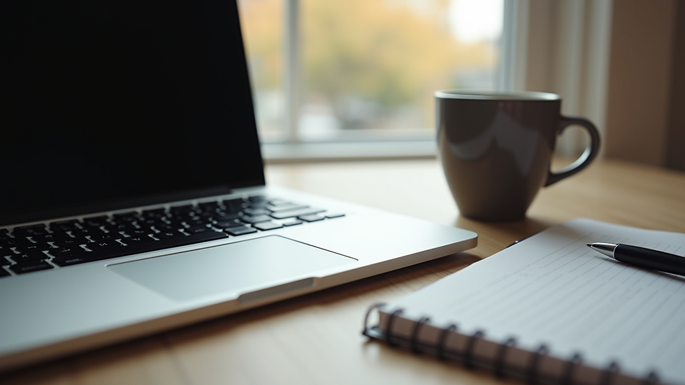 Eye-level view of a laptop with a notepad and a cup of coffee