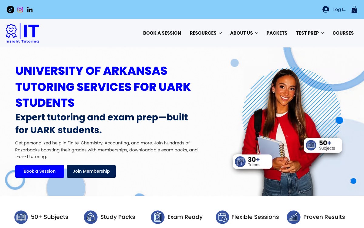 Insight Tutoring desktop homepage for University of Arkansas tutoring services