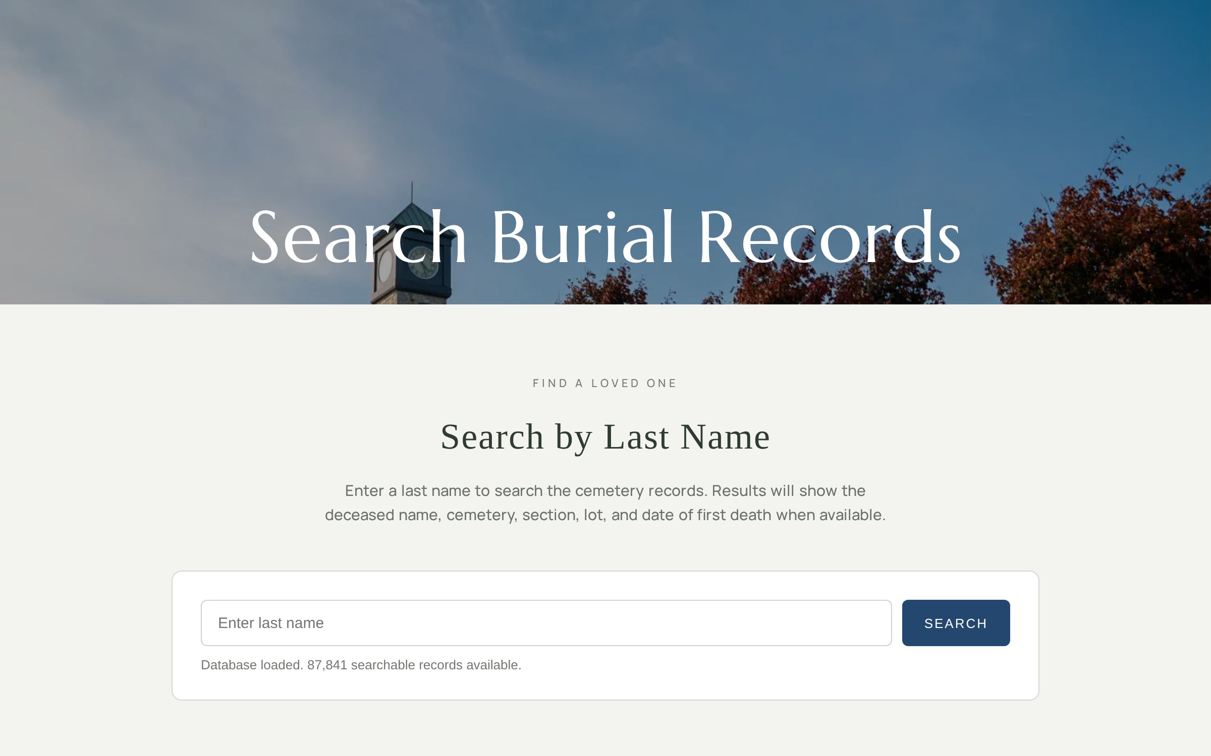 Mount Calvary Cemetery burial record search interface