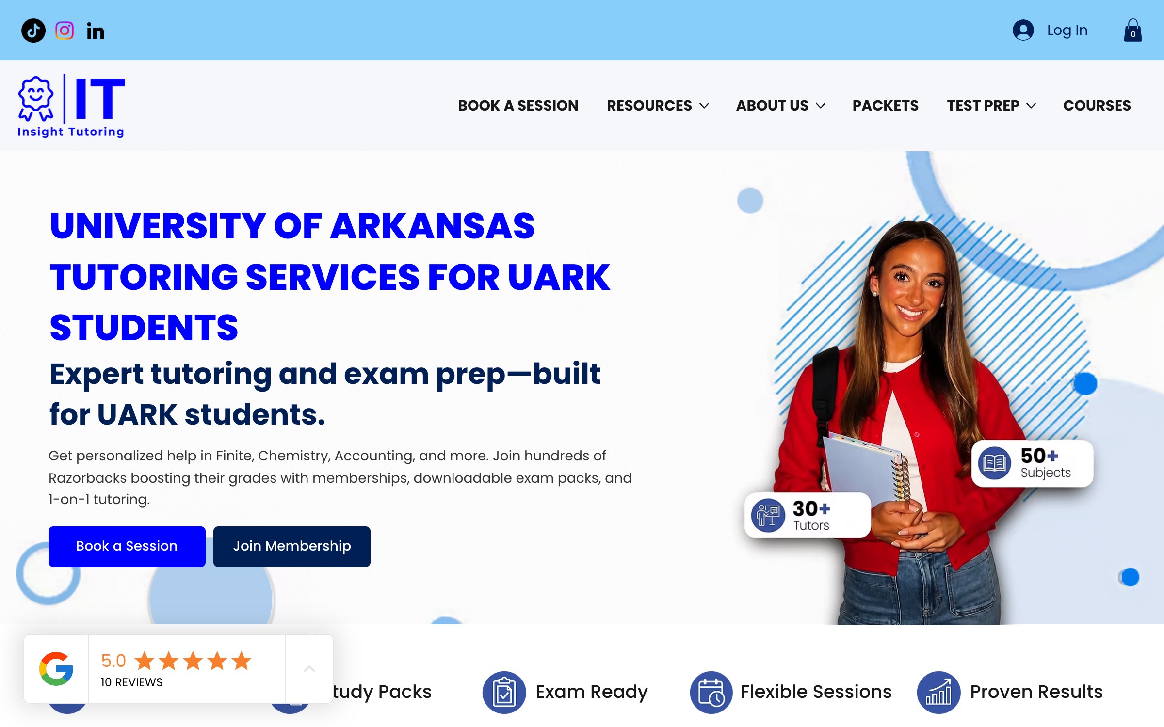 Insight Tutoring desktop homepage for University of Arkansas tutoring services
