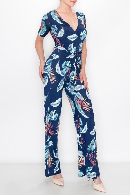 Thumbnail: Navy Leaf Print Wrap Jumpsuit