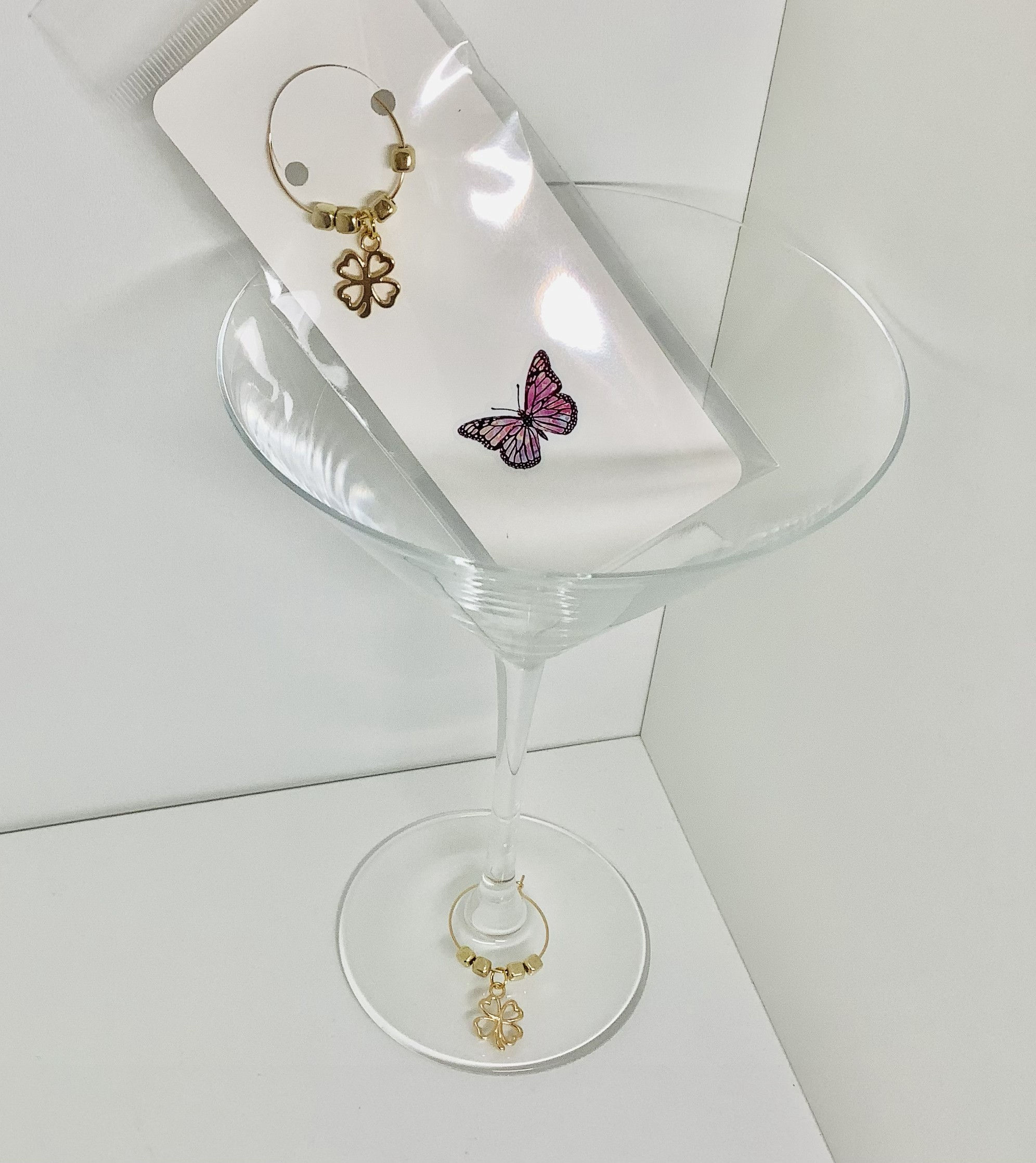 Wine Glass Charms FOUR LEAF CLOVER design - in Presentation Card / Cello Wrapped