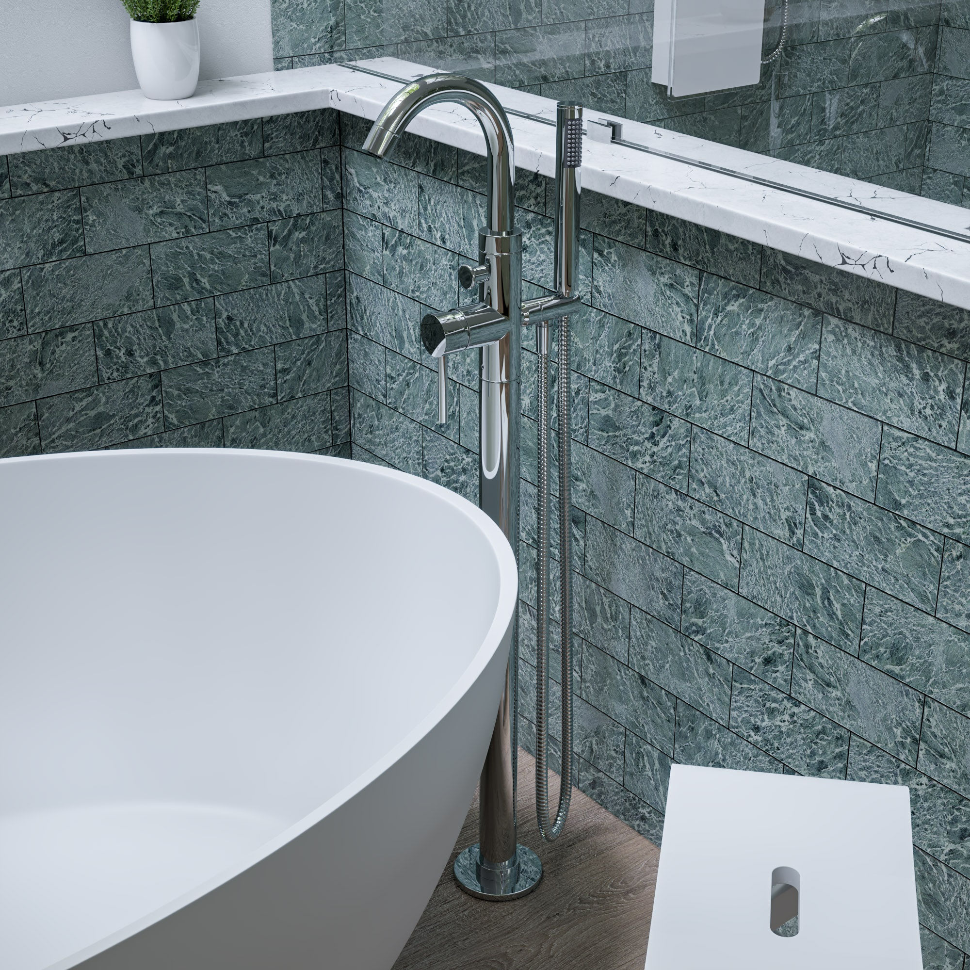 Polished Chrome 1 Lever Floor Mounted Tub Filler Mixer w Hand Held Shower Head