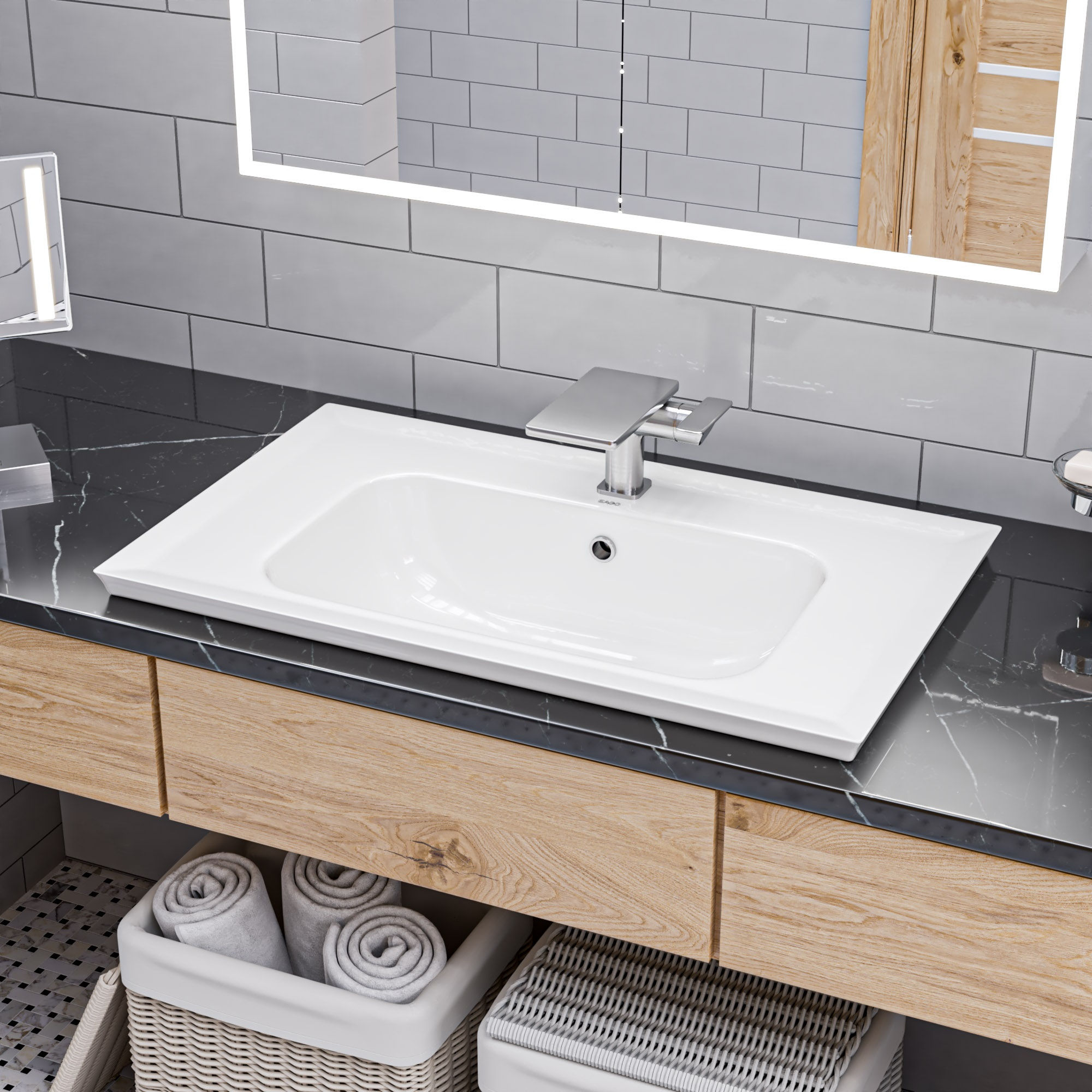 White Ceramic 32"x19" Rectangular Drop In Sink