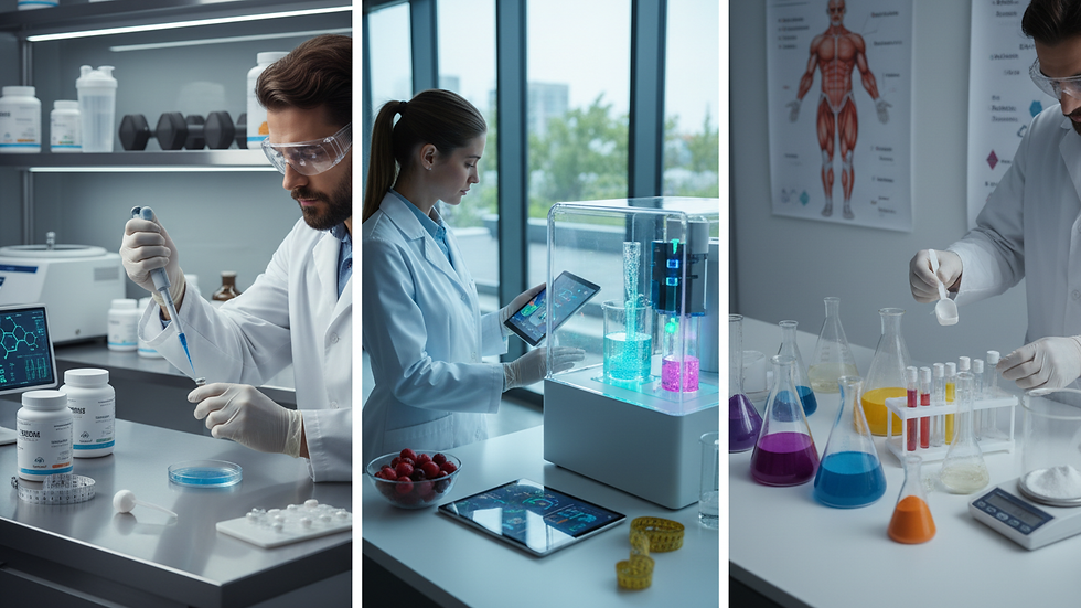 Close-up view of scientist analyzing supplement samples in a lab