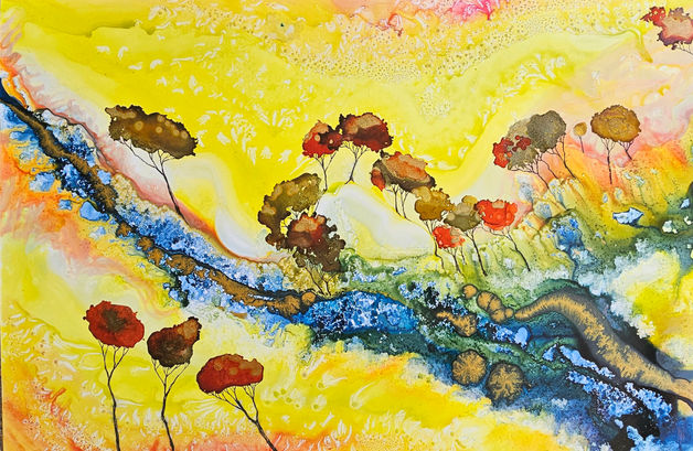Yellow background with cool blues for the Murray river ink on yupo paper artwork