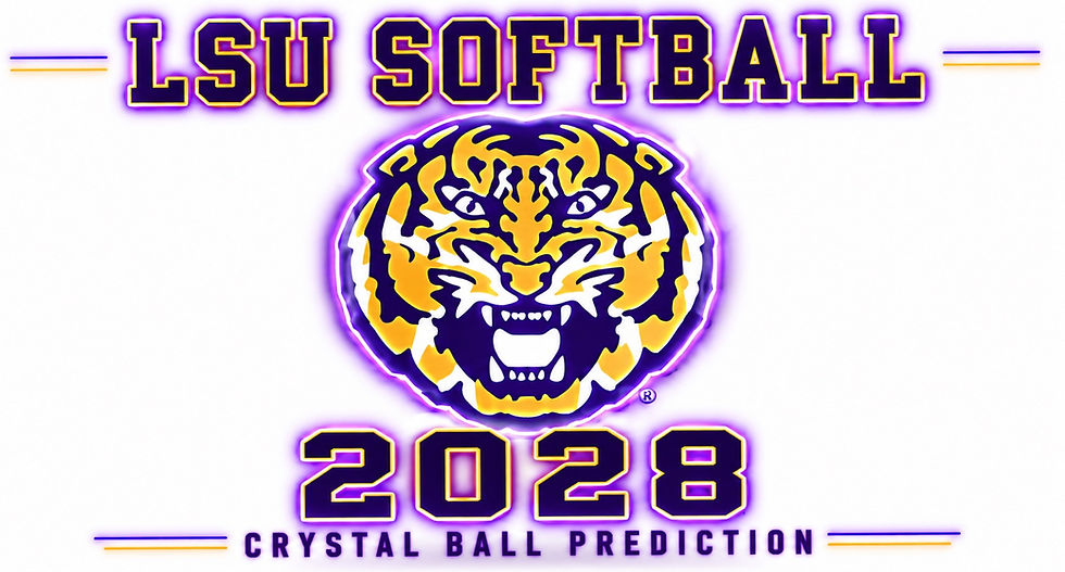 LSU Softball 2028 Crystal Ball prediction graphic with the LSU Tiger head logo on a white background