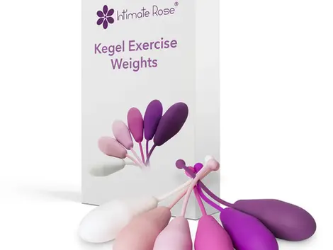 White box that says Kegal Exercise Weights and 6 small cylinders with  silicon strings attached
