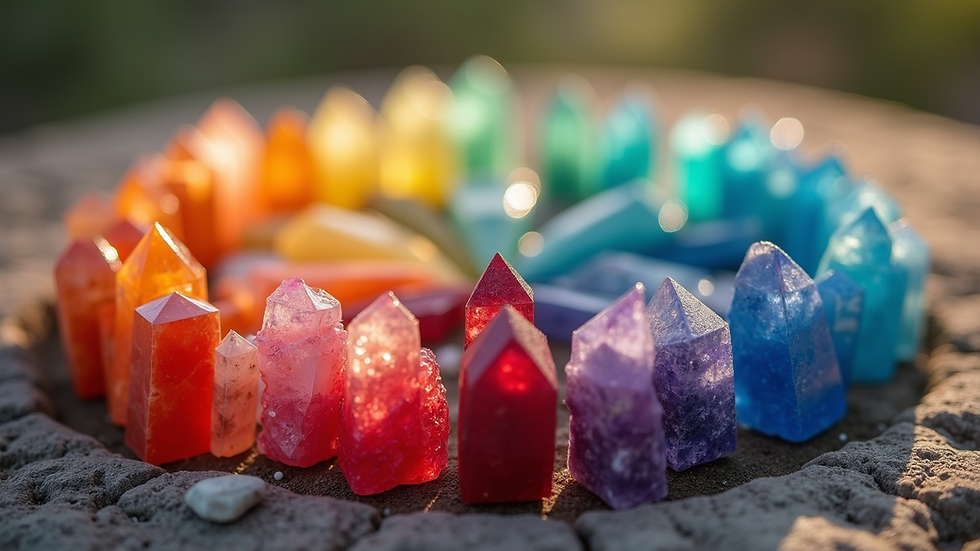 Close-up view of colourful chakra healing crystals arranged in a circle
