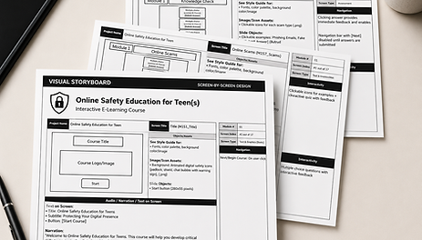 Printed visual storyboard pages on a desk.