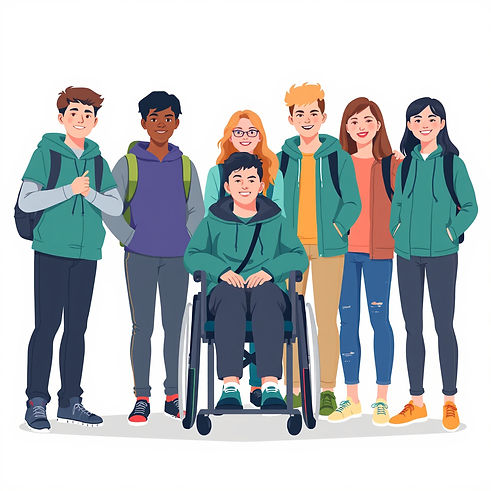 Illustration of diverse learners, including a student using a wheelchair, representing inclusive and accessible learning.