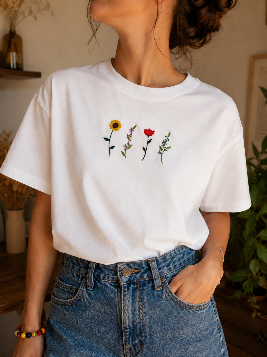 Hand-Embroidered White T-Shirt