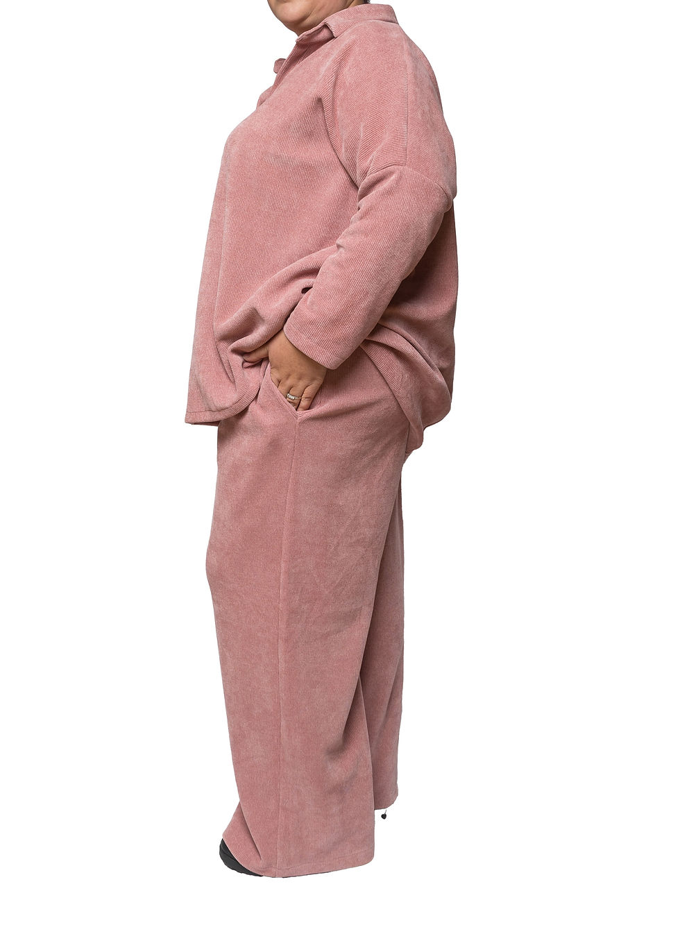 Side of Pink Corduroy effect two piece Co-ord. One Size 16-26