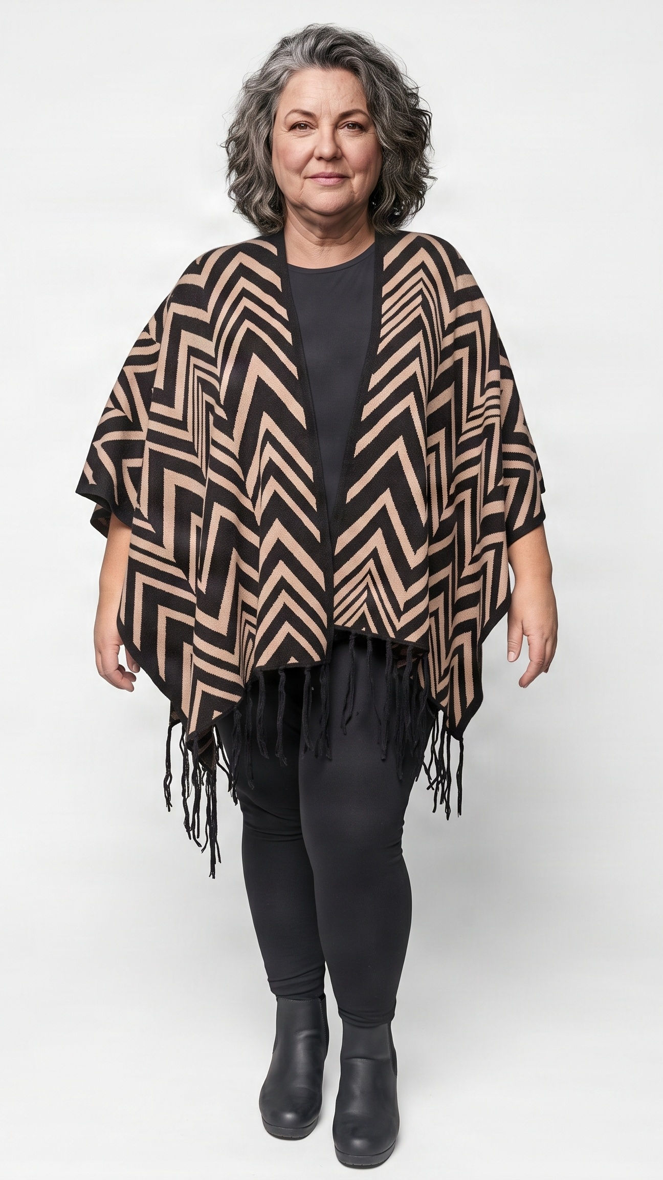 Camel & Black Zig Zag Tassel Wrap