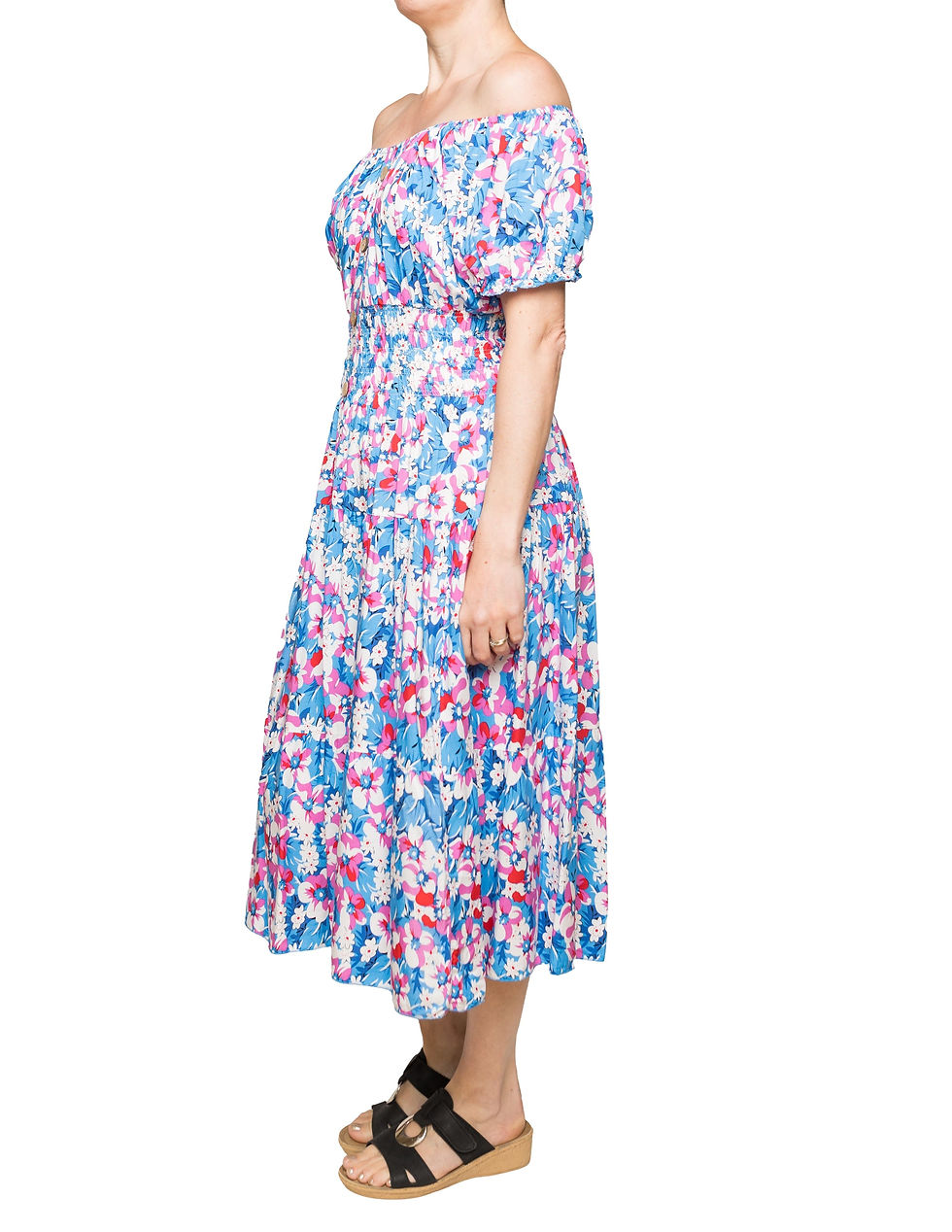 Thumbnail: Blue, Pink & White Daisy & Leaves Midi Dress