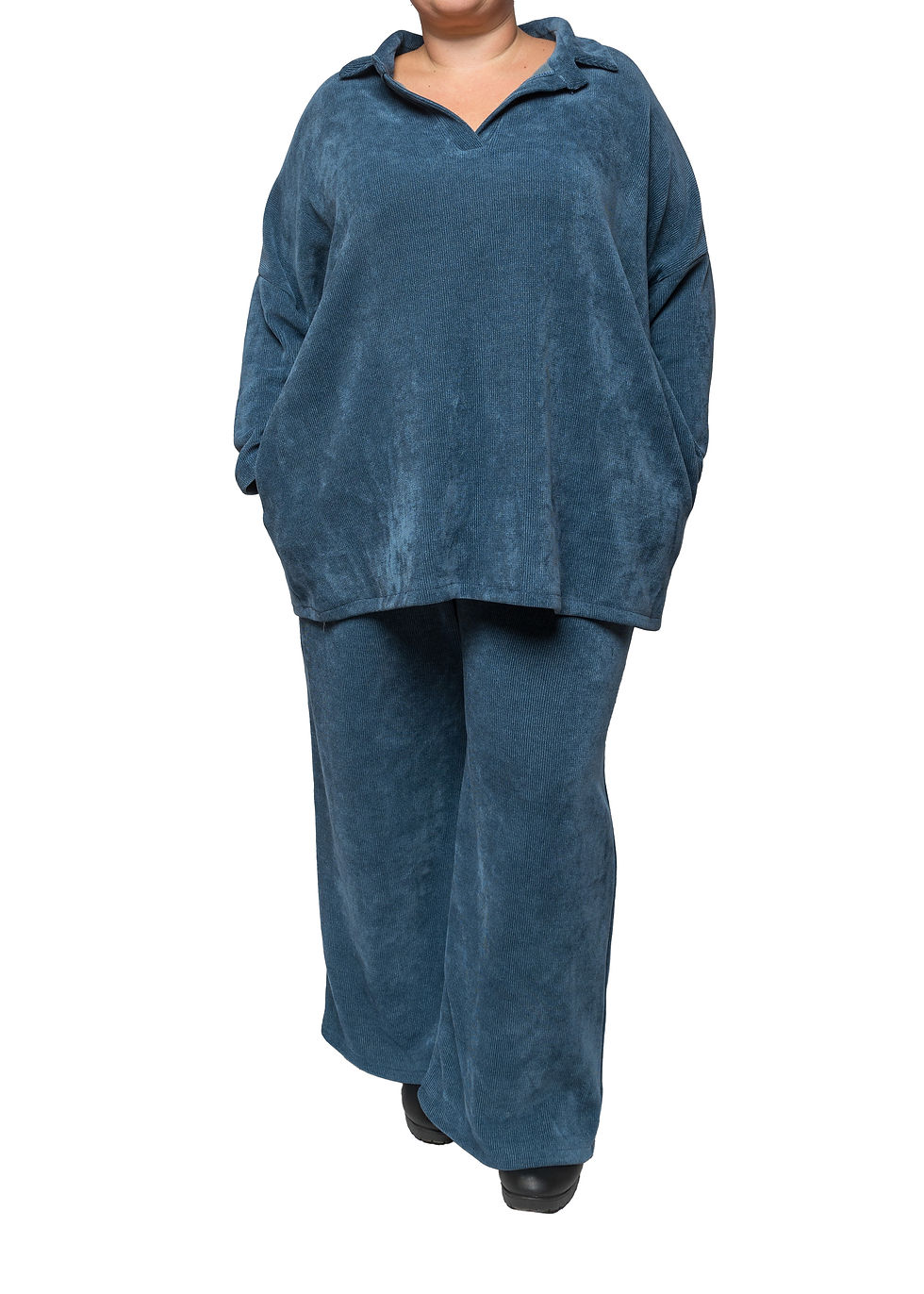 Front of Blue Corduroy effect two piece Co-ord. One Size 16-26