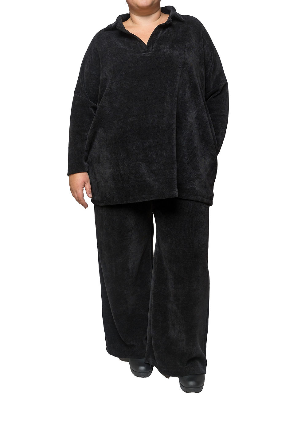 Front of Black Corduroy effect two piece Co-ord. One Size 16-26